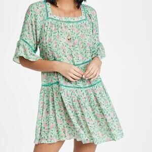 Playa Lucila mini dress women’s size XS green floral ruffle boho peasant beach
